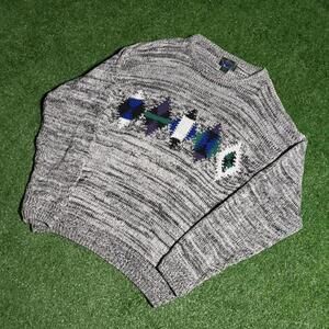 Vintage 90s Etchings Geometric Knit Sweater USA Made Abstract Pattern Large Gray